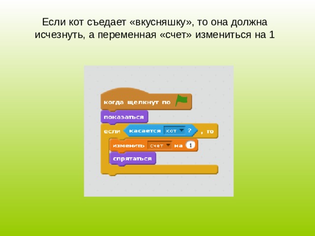 Если кот съедает «вкусняшку», то она должна исчезнуть, а переменная «счет» измениться на 1 