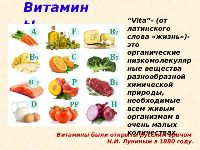 Витамины “ Vita”- (от латинского слова «жизнь»)- это органические низкомолекулярные вещества разнообразной химической природы, необходимые всем живым организмам в очень малых количествах. Витамины были открыты русским врачом Н.И. Луниным в 1880 году . 