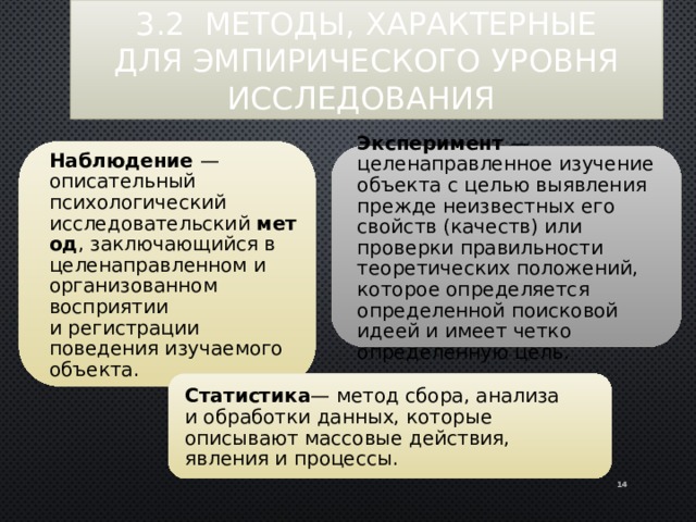 3.2 Методы, характерные  для эмпирического уровня исследования Наблюдение  — описательный психологический исследовательский  метод , заключающийся в целенаправленном и организованном восприятии и регистрации поведения изучаемого объекта. Эксперимент —  целенаправленное изучение объекта с целью выявления прежде неизвестных его свойств (качеств) или проверки правильности теоретических положений, которое определяется определенной поисковой идеей и имеет четко определенную цель. Статистика — метод сбора, анализа и обработки данных, которые описывают массовые действия, явления и процессы. 11 