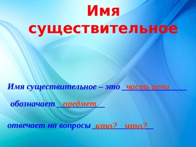 Имя существительное Имя существительное – это _______________ часть речи обозначает ___________ предмет отвечает на вопросы ______________ кто? что? 