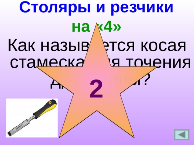 Столяры и резчики  на «4» Как называется косая стамеска для точения древесины? 1 2 