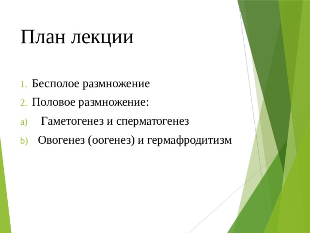 План лекции Бесполое размножение Половое размножение:  Гаметогенез и сперматогенез  Овогенез (оогенез) и гермафродитизм 