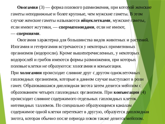 Овогамия  (3) — форма полового размножения, при которой женские гаметы неподвижные и более крупные, чем мужские гаметы. В этом случае женские гаметы называются  яйцеклетками , мужские гаметы, если имеют жгутики, —  сперматозоидами , если не имеют, —  спермиями . Овогамия характерна для большинства видов животных и растений. Изогамия и гетерогамия встречаются у некоторых примитивных организмов (водоросли). Кроме вышеперечисленных, у некоторых водорослей и грибов имеются формы размножения, при которых половые клетки не образуются: хологамия и конъюгация. При  хологамии  происходит слияние друг с другом одноклеточных гаплоидных организмов, которые в данном случае выступают в роли гамет. Образовавшаяся диплоидная зигота затем делится мейозом с образованием четырех гаплоидных организмов. При  конъюгации  (4) происходит слияние содержимого отдельных гаплоидных клеток нитевидных талломов. По специально образующимся каналам содержимое одной клетки перетекает в другую, образуется диплоидная зигота, которая обычно после периода покоя также делится мейозом. 