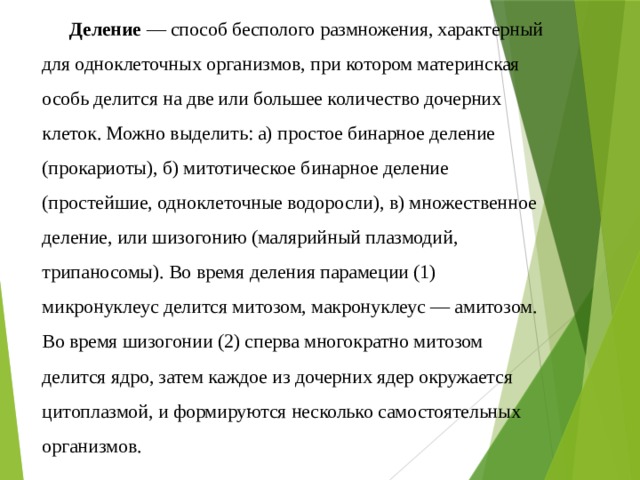 Деление  — способ бесполого размножения, характерный для одноклеточных организмов, при котором материнская особь делится на две или большее количество дочерних клеток. Можно выделить: а) простое бинарное деление (прокариоты), б) митотическое бинарное деление (простейшие, одноклеточные водоросли), в) множественное деление, или шизогонию (малярийный плазмодий, трипаносомы). Во время деления парамеции (1) микронуклеус делится митозом, макронуклеус — амитозом. Во время шизогонии (2) сперва многократно митозом делится ядро, затем каждое из дочерних ядер окружается цитоплазмой, и формируются несколько самостоятельных организмов. 