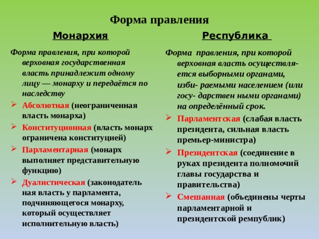 Форма правления при которой глава государства. Республика форма правления. Монархия и Республика сравнение. Республика форма правления 19 век. Распад древнерусского государства. Монархии и Республики.