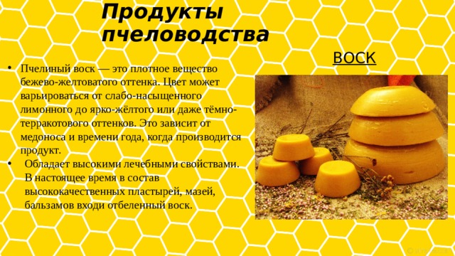 Продукты пчеловодства   ВОСК Пчелиный воск — это плотное вещество бежево-желтоватого оттенка. Цвет может варьироваться от слабо-насыщенного лимонного до ярко-жёлтого или даже тёмно-терракотового оттенков. Это зависит от медоноса и времени года, когда производится продукт. Обладает высокими лечебными свойствами. В настоящее время в состав высококачественных пластырей, мазей, бальзамов входи отбеленный воск. 