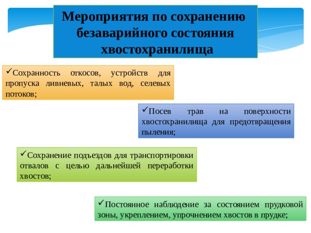 Мероприятия по сохранению безаварийного состояния  хвостохранилища Сохранность откосов, устройств для пропуска ливневых, талых вод, селевых потоков; Посев трав на поверхности хвостохранилища для предотвращения пыления; Сохранение подъездов для транспортировки отвалов с целью дальнейшей переработки хвостов; Постоянное наблюдение за состоянием прудковой зоны, укреплением, упрочнением хвостов в прудке; 