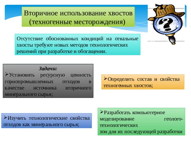 Вторичное использование хвостов (техногенные месторождения) Отсутствие обоснованных кондиций на отвальные хвосты требуют новых методов технологических решений при разработке и обогащении. Задачи: Установить ресурсную ценность горнопромышленных отходов в качестве источника вторичного минерального сырья; Определить состав и свойства техногенных хвостов; Разработать компьютерное моделирование геолого-технологических зон для их последующей разработки Изучить технологические свойства отходов как минерального сырья; 