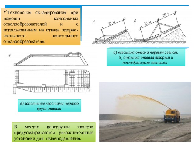 Технология складирования при помощи консольных отвалообразователей и с использованием на отвале опорно-звеньевого консольного отвалообразователя. а) отсыпка отвала первым звеном; б) отсыпка отвала вторым и последующими звеньями в) заполнение хвостами первого яруса отвала В местах перегрузки хвостов предусматриваются увлажнительные установки для пылеподавления. 