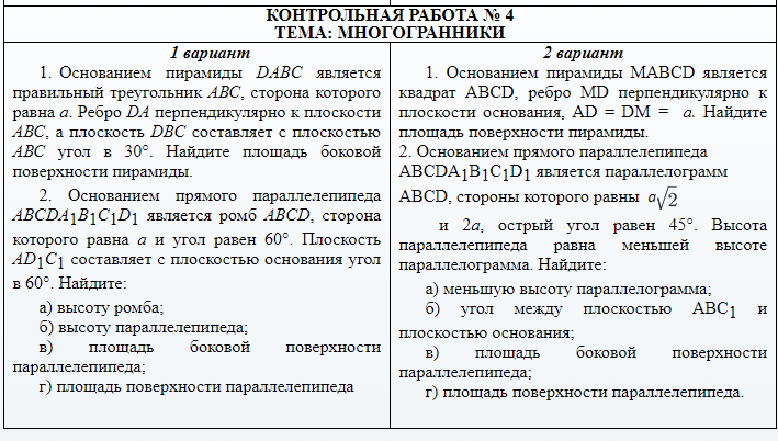 Спецификация контрольной работы