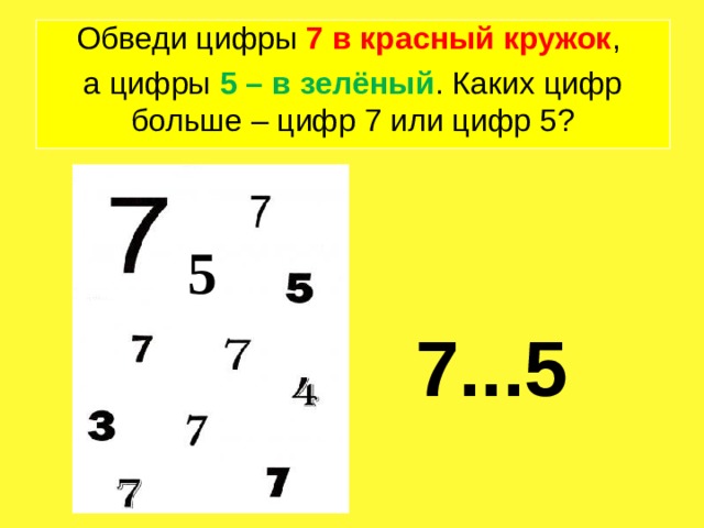 Обведи цифры 7 в красный кружок , а цифры 5 – в зелёный . Каких цифр больше – цифр 7 или цифр 5? 5 7...5  