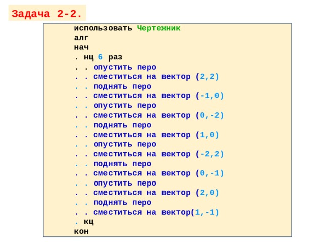Задача 2-2. использовать Чертежник  алг  нач  . нц 6 раз  . . опустить перо  . . сместиться на вектор ( 2,2)  . . поднять перо  . . сместиться на вектор ( -1,0)  . . опустить перо  . . сместиться на вектор ( 0,-2)  . . поднять перо  . . сместиться на вектор ( 1,0)  . . опустить перо  . . сместиться на вектор ( -2,2)  . . поднять перо  . . сместиться на вектор ( 0,-1)  . . опустить перо  . . сместиться на вектор ( 2,0)  . . поднять перо  . . сместиться на вектор( 1,-1)  . кц  кон 