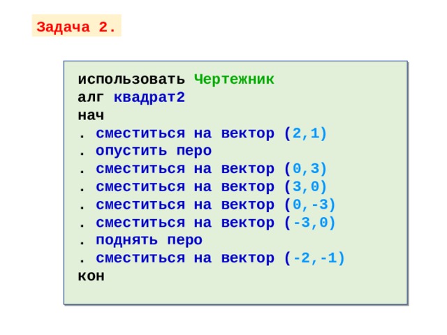 Задача 2. использовать Чертежник алг квадрат2 нач . сместиться на вектор ( 2,1) . опустить перо . сместиться на вектор ( 0,3) . сместиться на вектор ( 3,0) . сместиться на вектор ( 0,-3) . сместиться на вектор ( -3,0) . поднять перо . сместиться на вектор ( -2,-1) кон 