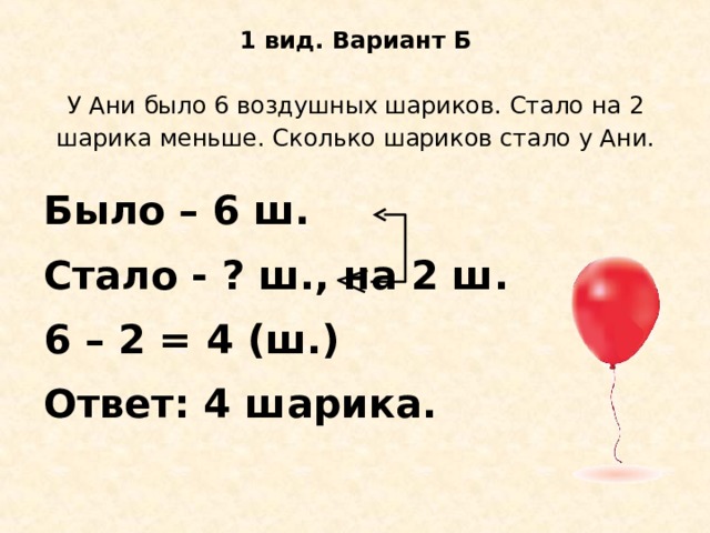 1 вид. Вариант Б   У Ани было 6 воздушных шариков. Стало на 2 шарика меньше. Сколько шариков стало у Ани. Было – 6 ш. Стало - ? ш., на 2 ш. 6 – 2 = 4 (ш.) Ответ: 4 шарика.  