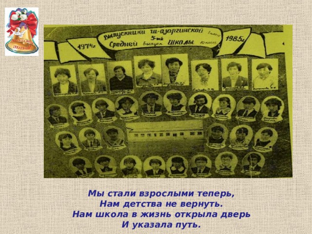Мы стали взрослыми теперь,  Нам детства не вернуть.  Нам школа в жизнь открыла дверь  И указала путь.   