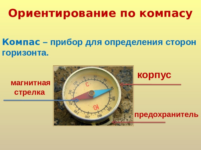 Ориентирование по компасу Компас – прибор для определения сторон горизонта. корпус магнитная стрелка предохранитель 