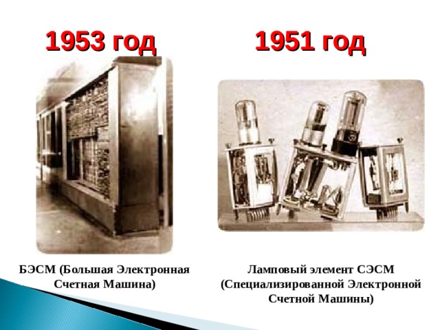 1951 год  1953 год  Ламповый элемент СЭСМ (Специализированной Электронной Счетной Машины) БЭСМ (Большая Электронная Счетная Машина) 