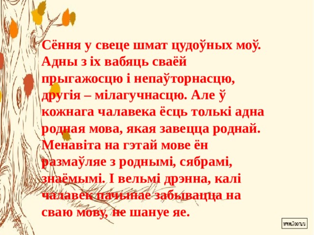 Cёння у свеце шмат цудоўных моў. Адны з іх вабяць сваёй прыгажосцю і непаўторнасцю, другія – мілагучнасцю. Але ў кожнага чалавека ёсць толькі адна родная мова, якая завецца роднай. Менавіта на гэтай мове ён размаўляе з роднымі, сябрамі, знаёмымі. І вельмі дрэнна, калі чалавек пачынае забывацца на сваю мову, не шануе яе. 