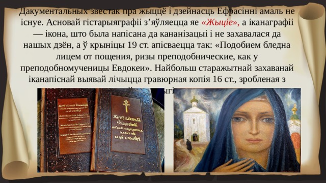 Дакументальных звестак пра жыццё і дзейнасць Ефрасінні амаль не існуе. Асновай гістарыяграфіі з’яўляецца яе «Жыціе» , а іканаграфіі — ікона, што была напісана да кананізацыі і не захавалася да нашых дзён, а ў крыніцы 19 ст. апісваецца так: «Подобием бледна лицем от пощения, ризы преподобнические, как у преподобномученицы Евдокеи». Найбольш старажытнай захаванай іканапіснай выявай лічыцца гравюрная копія 16 ст., зробленая з даўняга арыгінала. 