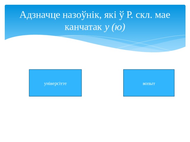 Адзначце назоўнік, які ў Р. скл. мае канчатак у (ю) універсітэт вопыт 