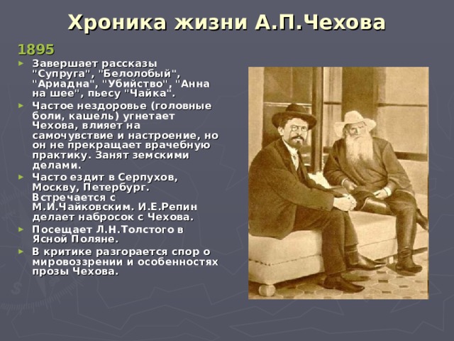 Хроника жизни А.П.Чехова 1895 Завершает рассказы 