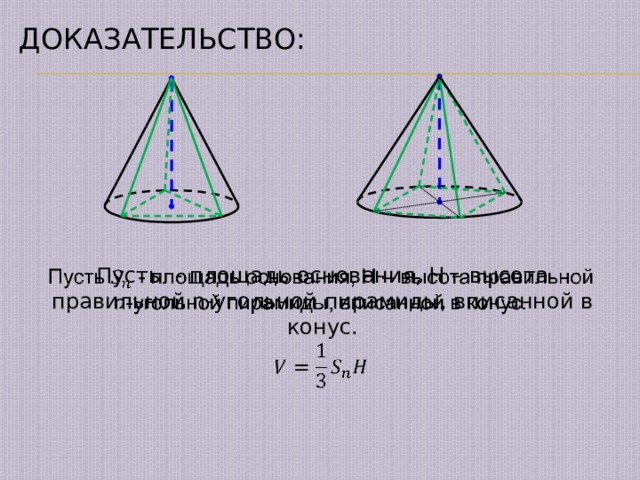 Доказательство: Пусть - площадь основания, H – высота правильной n-угольной пирамиды, вписанной в конус.   