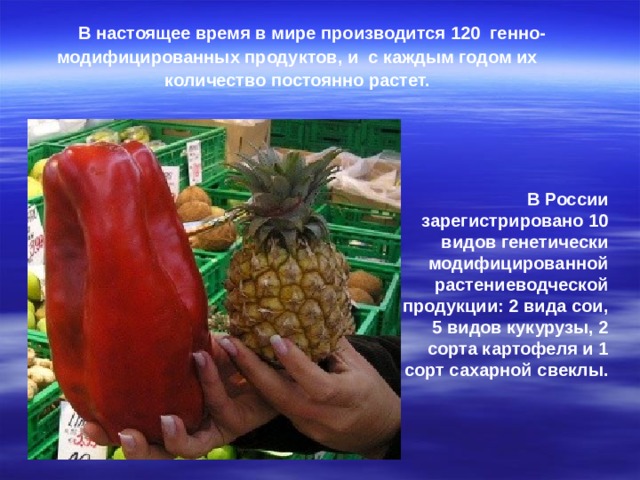  В настоящее время в мире производится 120 генно-модифицированных продуктов, и с каждым годом их количество постоянно растет.   В России зарегистрировано 10 видов генетически модифицированной растениеводческой продукции: 2 вида сои, 5 видов кукурузы, 2 сорта картофеля и 1 сорт сахарной свеклы.  