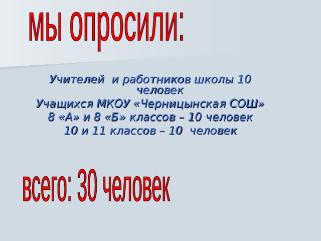 Учителей и работников школы 10 человек Учащихся МКОУ «Черницынская СОШ» 8 «А» и 8 «Б» классов – 10 человек 10 и 11 классов – 10 человек  