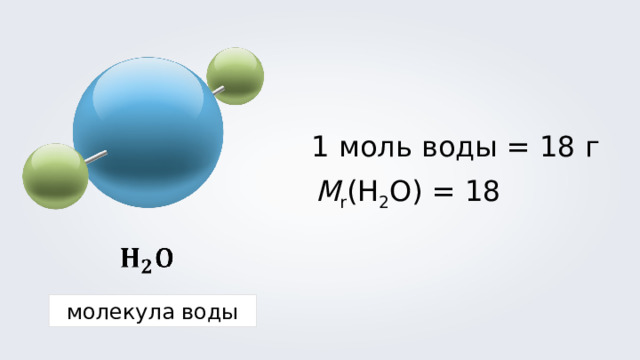 1 моль воды = 18 г M r (H 2 O) = 18 молекула воды 