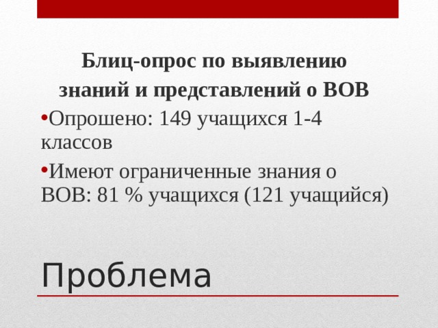Блиц-опрос по выявлению знаний и представлений о ВОВ Опрошено: 149 учащихся 1-4 классов Имеют ограниченные знания о ВОВ: 81 % учащихся (121 учащийся) Проблема 