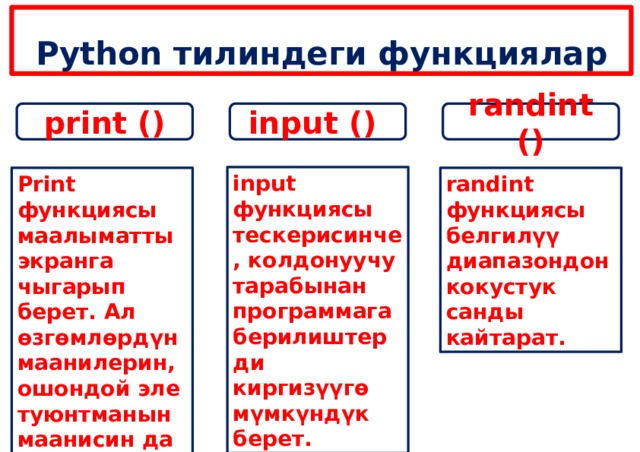 Python тилиндеги функциялар print () input () randint () input функциясы тескерисинче, колдонуучу тарабынан программага берилиштерди киргизүүгө мүмкүндүк берет. Print функциясы маалыматты экранга чыгарып берет. Ал өзгөмлөрдүн маанилерин, ошондой эле туюнтманын маанисин да чыгара алат. randint функциясы белгилүү диапазондон кокустук санды кайтарат. 