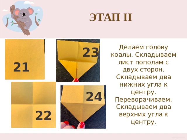 Этап II Делаем голову коалы. Складываем лист пополам с двух сторон. Складываем два нижних угла к центру. Переворачиваем. Складываем два верхних угла к центру. 23 21 24 22 