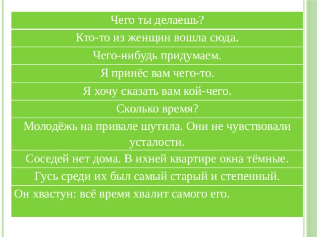 Чего ты делаешь? Кто-то из женщин вошла сюда. Чего-нибудь придумаем. Я принёс вам чего-то. Я хочу сказать вам кой-чего. Сколько время? Молодёжь на привале шутила. Они не чувствовали усталости. Соседей нет дома. В ихней квартире окна тёмные. Гусь среди их был самый старый и степенный. Он хвастун: всё время хвалит самого его. 