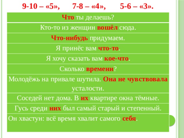 9-10 – «5», 7-8 – «4», 5-6 – «3». Что ты делаешь? Кто-то из женщин вошёл сюда. Что-нибудь придумаем. Я принёс вам что-то . Я хочу сказать вам кое-что . Сколько времени ? Молодёжь на привале шутила. Она  не чувствовала усталости. Соседей нет дома. В их квартире окна тёмные. Гусь среди них был самый старый и степенный. Он хвастун: всё время хвалит самого себя . 
