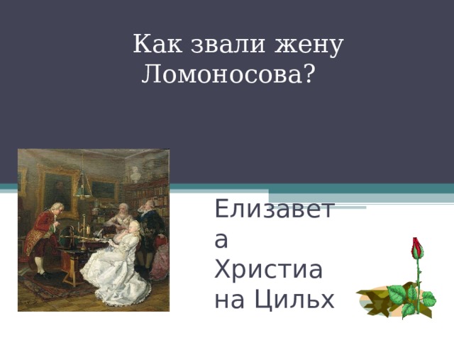  Как звали жену Ломоносова? Елизавета Христиана Цильх 