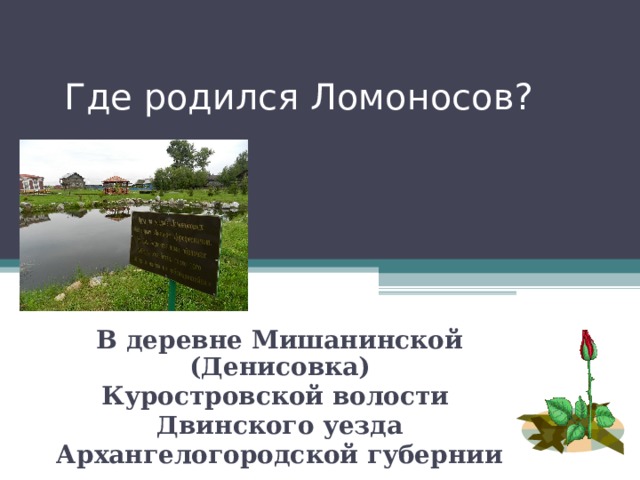 Где родился Ломоносов? В деревне Мишанинской (Денисовка) Куростровской волости Двинского уезда Архангелогородской губернии 