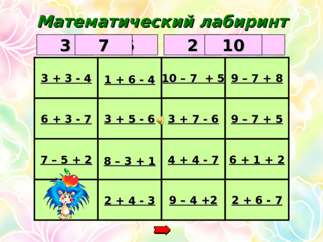 Математический лабиринт 3 10 7 4 2 6 9 – 7 + 8 1 + 6 - 4 10 – 7 + 5 3 + 3 - 4 3 + 7 - 6 9 – 7 + 5 3 + 5 - 6 6 + 3 - 7 8 – 3 + 1 7 – 5 + 2 4 + 4 - 7 6 + 1 + 2 2 + 4 - 3 2 + 6 - 7 9 – 4 +2 