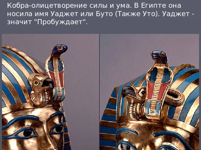 Кобра-олицетворение силы и ума. В Египте она носила имя Уаджет или Буто (Также Уто). Уаджет - значит 
