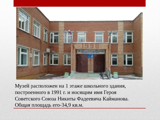 Музей расположен на 1 этаже школьного здания, построенного в 1991 г. и носящим имя Героя Советского Союза Никиты Фадеевича Кайманова. Общая площадь его-34,9 кв.м. 