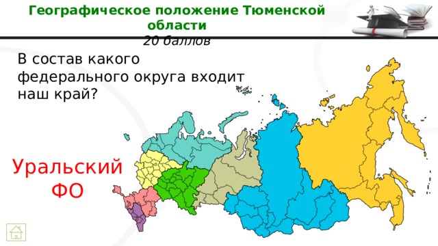 Географическое положение Тюменской области  20 баллов В состав какого федерального округа входит наш край? Уральский ФО 