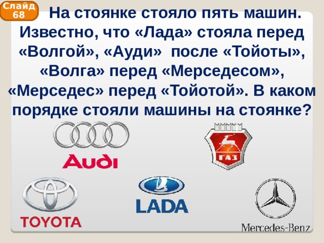 В каком порядке стоят. На стоянке стоят пять машин известно что Жигули стоят перед Волгой. На стоянке стояло 5 машин известно что Жигули.