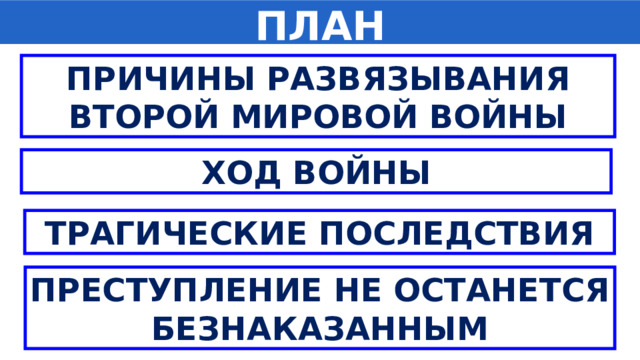 ПЛАН ПРИЧИНЫ РАЗВЯЗЫВАНИЯ ВТОРОЙ МИРОВОЙ ВОЙНЫ ХОД ВОЙНЫ ТРАГИЧЕСКИЕ ПОСЛЕДСТВИЯ ПРЕСТУПЛЕНИЕ НЕ ОСТАНЕТСЯ БЕЗНАКАЗАННЫМ 