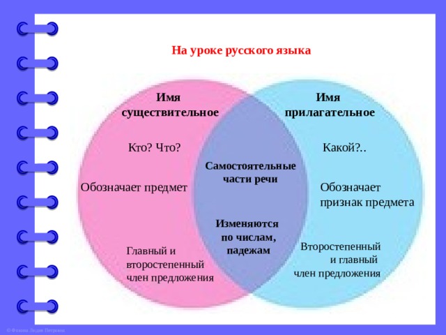 На уроке русского языка Имя Имя прилагательное существительное Какой?.. Кто? Что? Самостоятельные части речи Обозначает признак предмета Обозначает предмет Изменяются по числам, падежам Второстепенный  и главный член предложения Главный и второстепенный член предложения 