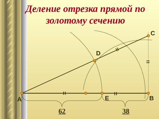 = = = Деление отрезка прямой по золотому сечению С D = В E А 62 38 