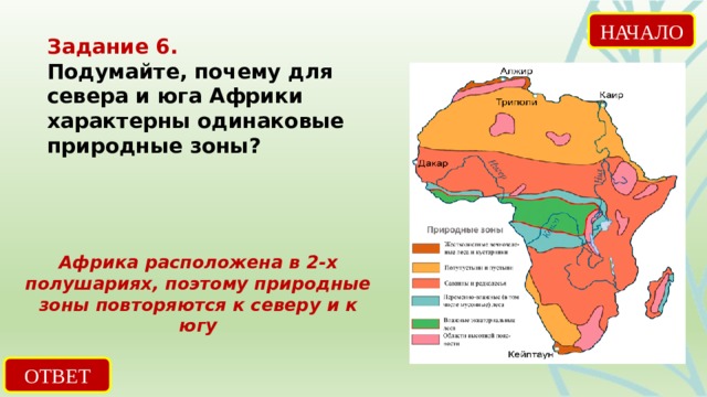 НАЧАЛО Задание 6. Подумайте, почему для севера и юга Африки характерны одинаковые природные зоны? Африка расположена в 2-х полушариях, поэтому природные зоны повторяются к северу и к югу ОТВЕТ 
