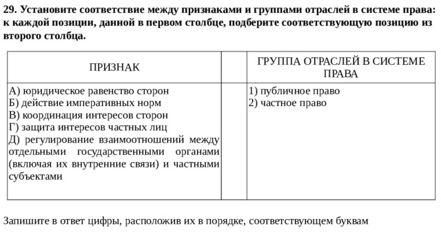 29. Установите соответствие между признаками и группами отраслей в системе права: к каждой позиции, данной в первом столбце, подберите соответствующую позицию из второго столбца. Запишите в ответ цифры, расположив их в порядке, соответствующем буквам ПРИЗНАК   А) юридическое равенство сторон ГРУППА ОТРАСЛЕЙ В СИСТЕМЕ ПРАВА Б) действие императивных норм   В) координация интересов сторон 1) публичное право Г) защита интересов частных лиц 2) частное право Д) регулирование взаимоотношений между отдельными государственными органами (включая их внутренние связи) и частными субъектами 