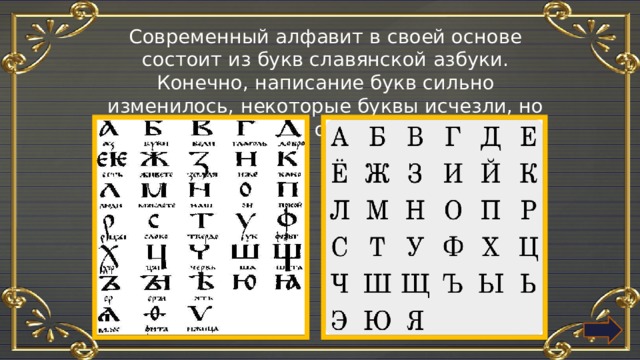 Современный алфавит в своей основе состоит из букв славянской азбуки. Конечно, написание букв сильно изменилось, некоторые буквы исчезли, но основа осталась. 