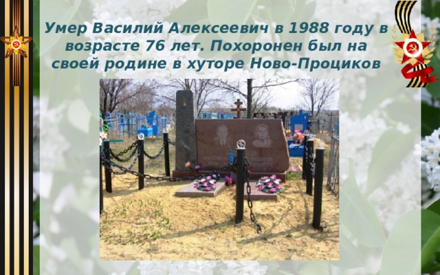 Умер Василий Алексеевич в 1988 году в возрасте 76 лет. Похоронен был на своей родине в хуторе Ново-Проциков 