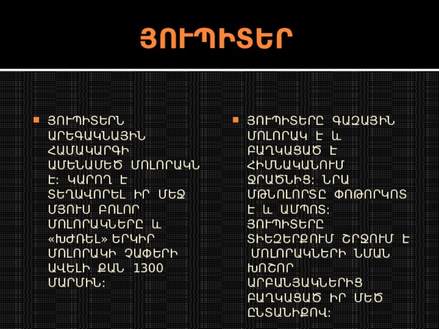 ՅՈՒՊԻՏԵՐ ՅՈՒՊԻՏԵՐՆ ԱՐԵԳԱԿՆԱՅԻՆ ՀԱՄԱԿԱՐԳԻ ԱՄԵՆԱՄԵԾ ՄՈԼՈՐԱԿՆ Է: ԿԱՐՈՂ Է ՏԵՂԱՎՈՐԵԼ ԻՐ ՄԵՋ ՄՅՈՒՍ ԲՈԼՈՐ ՄՈԼՈՐԱԿՆԵՐԸ և «ԽԺՌԵԼ» ԵՐԿԻՐ ՄՈԼՈՐԱԿԻ ՉԱՓԵՐԻ ԱՎԵԼԻ ՔԱՆ 1300 ՄԱՐՄԻՆ: ՅՈՒՊԻՏԵՐԸ ԳԱԶԱՅԻՆ ՄՈԼՈՐԱԿ Է և ԲԱՂԿԱՑԱԾ Է ՀԻՄՆԱԿԱՆՈՒՄ ՋՐԱԾՆԻՑ: ՆՐԱ ՄԹՆՈԼՈՐՏԸ ՓՈԹՈՐԿՈՏ Է և ԱՄՊՈՏ: ՅՈՒՊԻՏԵՐԸ ՏԻԵԶԵՐՔՈՒՄ ՇՐՋՈՒՄ Է ՄՈԼՈՐԱԿՆԵՐԻ ՆՄԱՆ ԽՈՇՈՐ ԱՐԲԱՆՅԱԿՆԵՐԻՑ ԲԱՂԿԱՑԱԾ ԻՐ ՄԵԾ ԸՆՏԱՆԻՔՈՎ: 