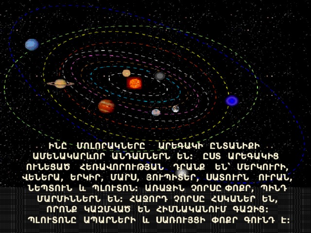 ԻՆԸ ՄՈԼՈՐԱԿՆԵՐԸ ԱՐԵԳԱԿԻ ԸՆՏԱՆԻՔԻ ԱՄԵՆԱԿԱՐևՈՐ ԱՆԴԱՄՆԵՐՆ ԵՆ: ԸՍՏ ԱՐԵԳԱԿԻՑ ՈՒՆԵՑԱԾ ՀԵՌԱՎՈՐՈՒԹՅԱՆ ԴՐԱՆՔ ԵՆ ՝ ՄԵՐԿՈՒՐԻ, ՎԵՆԵՐԱ, ԵՐԿԻՐ, ՄԱՐՍ, ՅՈՒՊԻՏԵՐ, ՍԱՏՈՒՐՆ ՈՒՐԱՆ, ՆԵՊՏՈՒՆ և ՊԼՈՒՏՈՆ: ԱՌԱՋԻՆ ՉՈՐՍԸ ՓՈՔՐ, ՊԻՆԴ ՄԱՐՄԻՆՆԵՐՆ ԵՆ: ՀԱՋՈՐԴ ՉՈՐՍԸ ՀՍԿԱՆԵՐ ԵՆ, ՈՐՈՆՔ ԿԱԶՄՎԱԾ ԵՆ ՀԻՄՆԱԿԱՆՈՒՄ ԳԱԶԻՑ: ՊԼՈՒՏՈՆԸ ԱՊԱՐՆԵՐԻ և ՍԱՌՈՒՅՑԻ ՓՈՔՐ ԳՈՒՆԴ Է: 